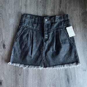 Free People Side Car Sanded Black Denim Raw Hem Mini Skirt 27 Women's New Fringe